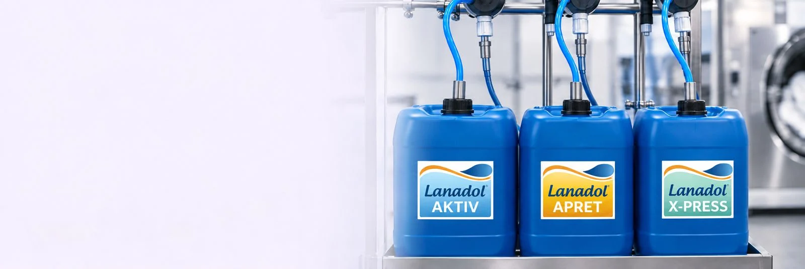 Kreussler Lanadol Aktiv, Apret and X-Press containers connected to a dosing system in a professional laundry
